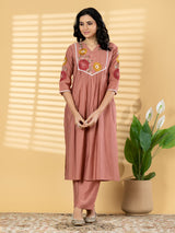 Peach cotton silk embroidered festive kurti pant set
