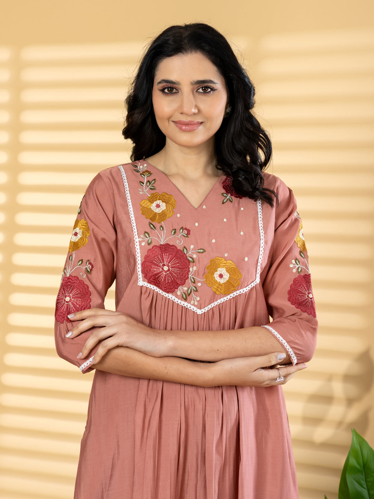 Peach cotton silk embroidered festive kurti pant set