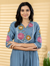 Stone blue cotton silk embroidered kurti pant set