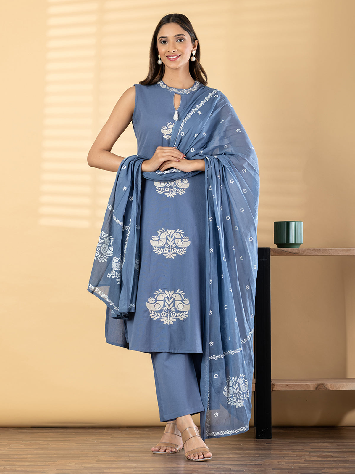Blue cotton silk bird embroidery festive kurti set