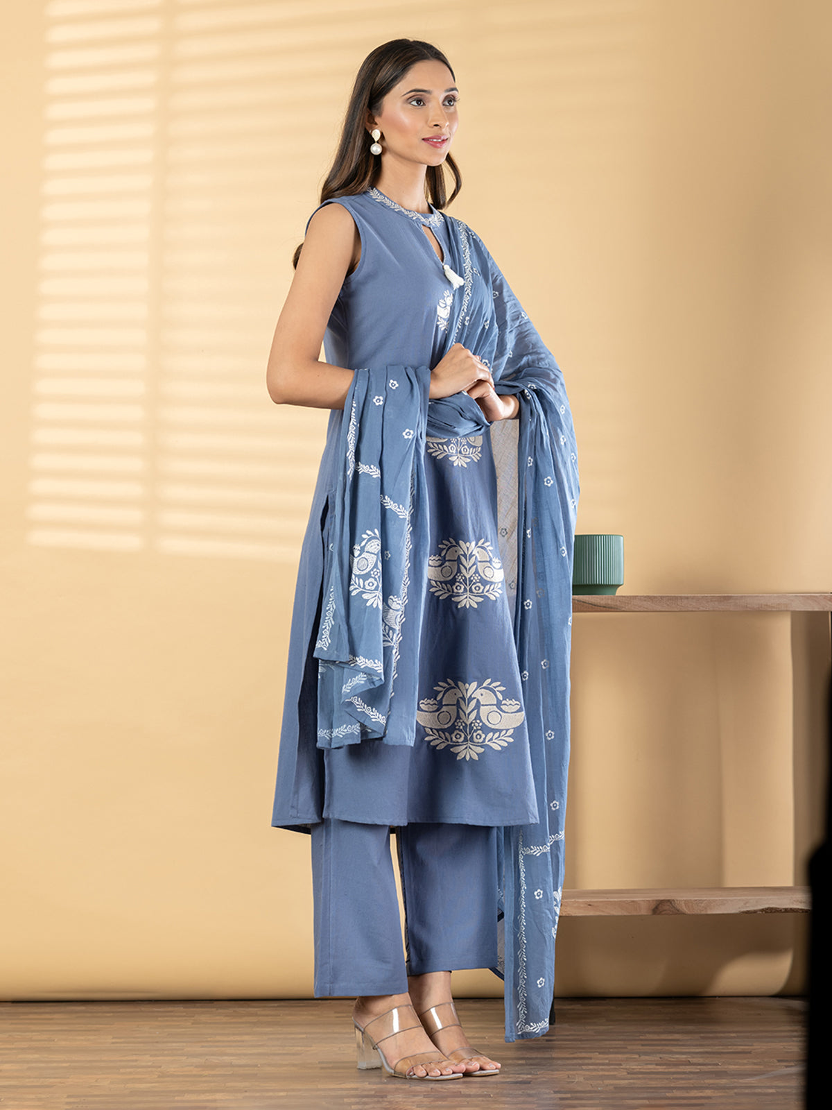 Blue cotton silk bird embroidery festive kurti set