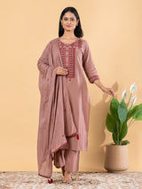 Light brown cotton silk embroidered kurti set with dupatta