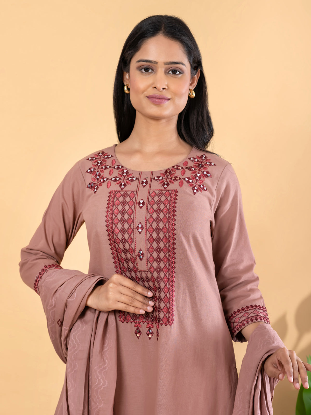 Light brown cotton silk embroidered kurti set with dupatta