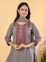 Grey cotton silk embroidered festive kurti set