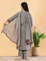 Grey cotton silk embroidered festive kurti set