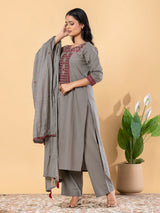 Grey cotton silk embroidered festive kurti set