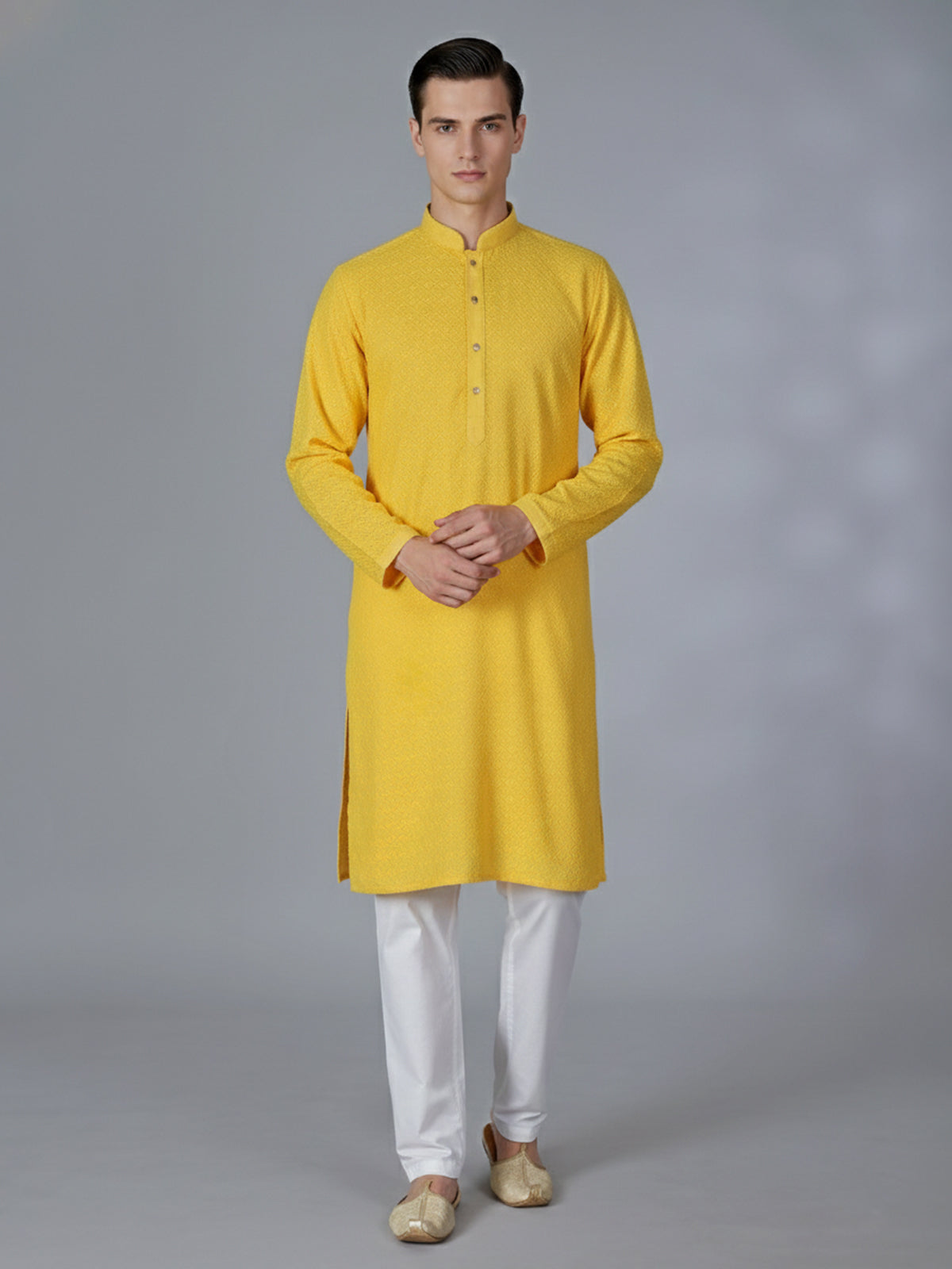 Yellow cotton kurta suit with refined thread work