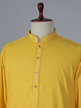 Yellow cotton kurta suit with refined thread work