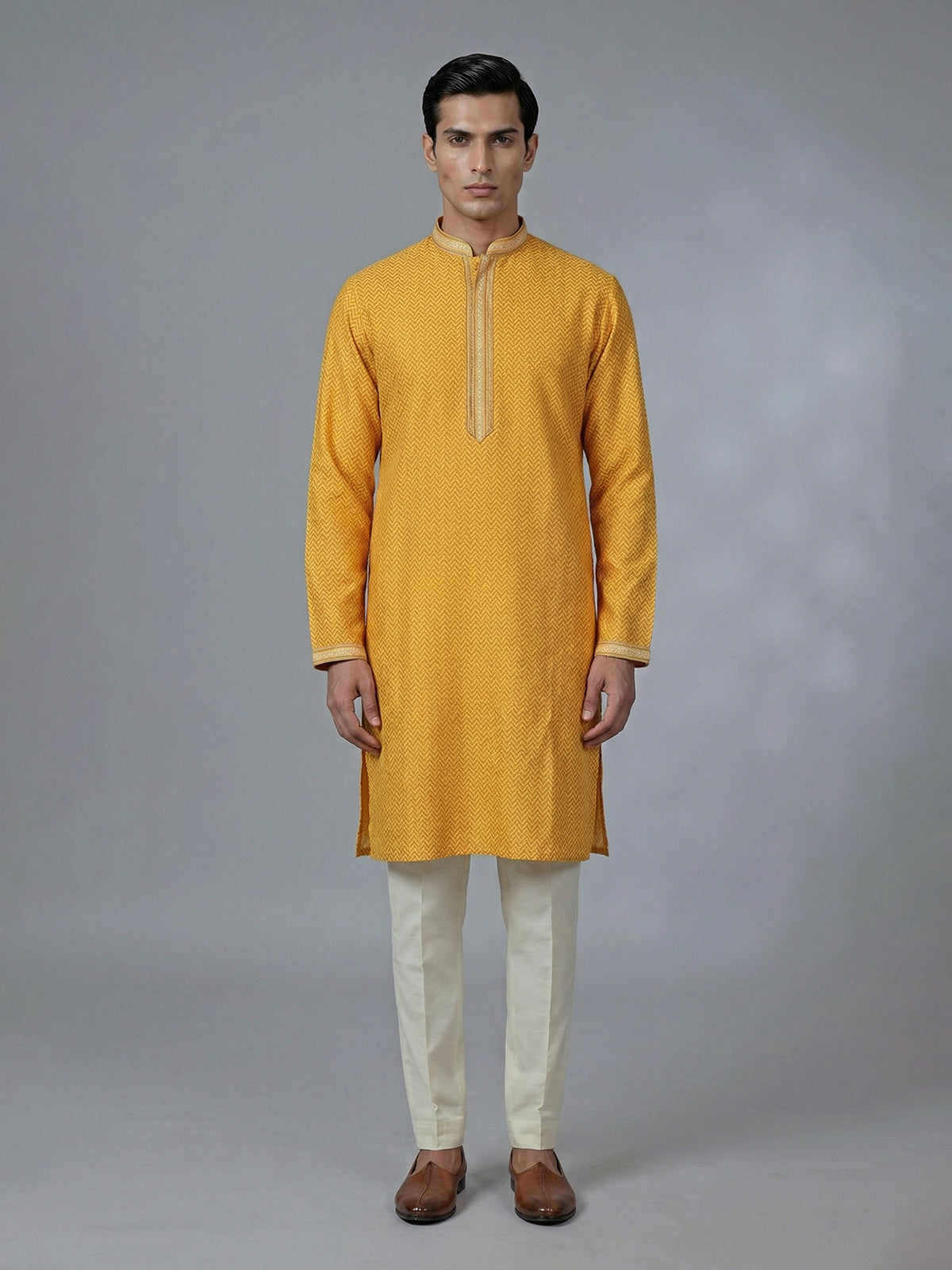 Printed yellow cotton silk kurta suit for festive occasions