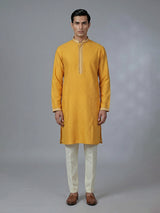 Printed yellow cotton silk kurta suit for festive occasions