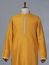 Printed yellow cotton silk kurta suit for festive occasions