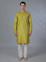 Mehendi yellow cotton silk kurta suit with zari detailing
