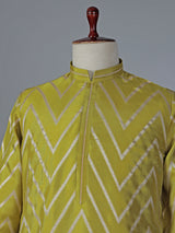 Mehendi yellow cotton silk kurta suit with zari detailing