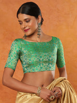 Mint green brocade boat neck half sleeve readymade blouse