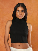 Black knitted halter neck sleeveless readymade blouse