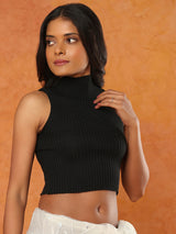 Black knitted halter neck sleeveless readymade blouse