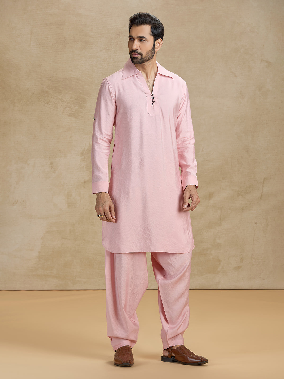 Pink cotton silk traditional pathani kurta suit