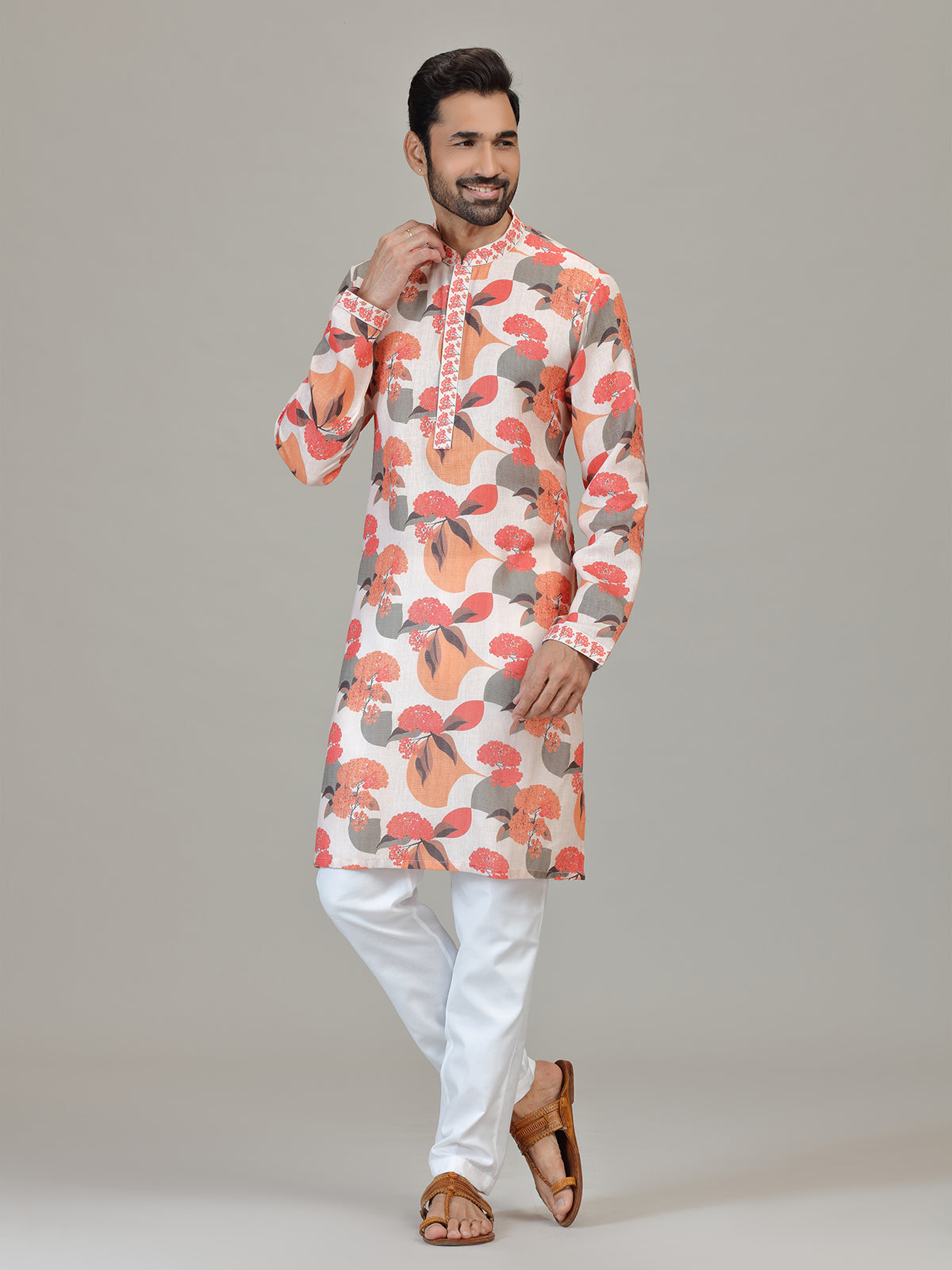 Off white floral printed ethnic kurta pajama for men