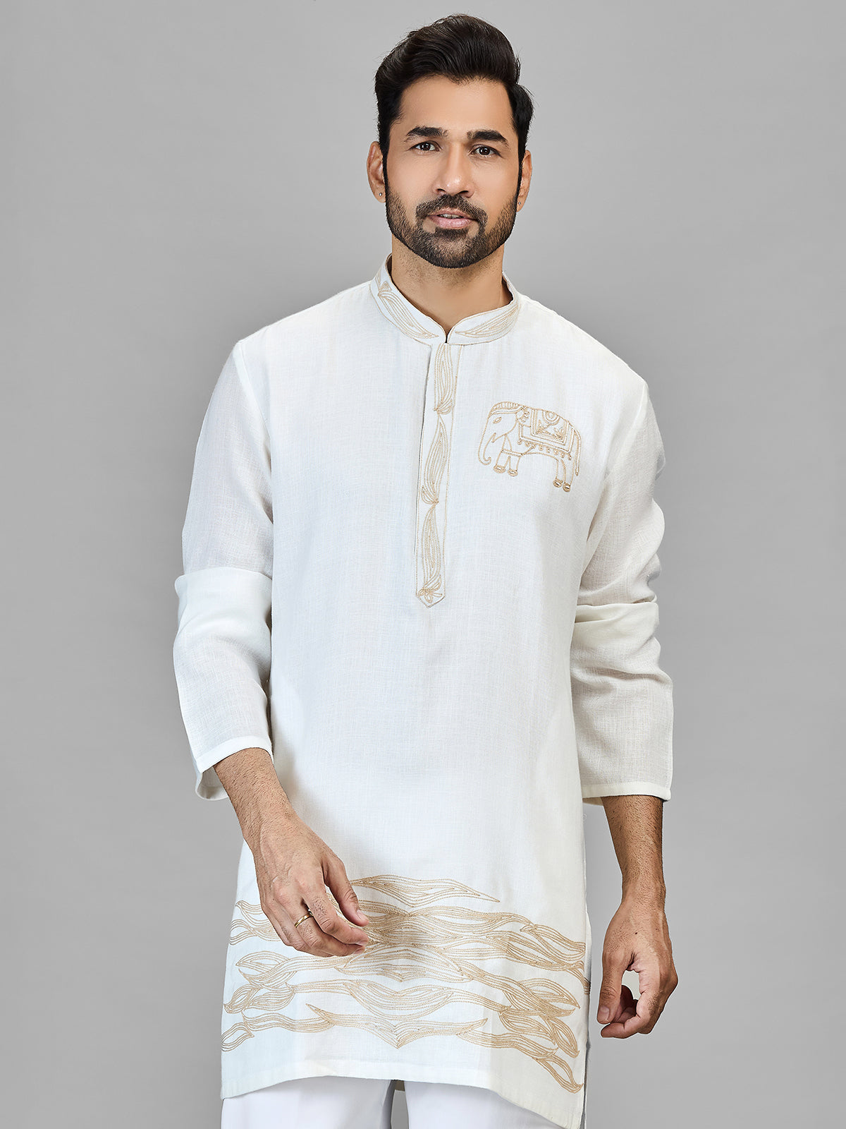 Off white elephant motif ethnic kurta suit for men