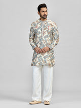 Cream grey abstract printed silk kurta suit for men