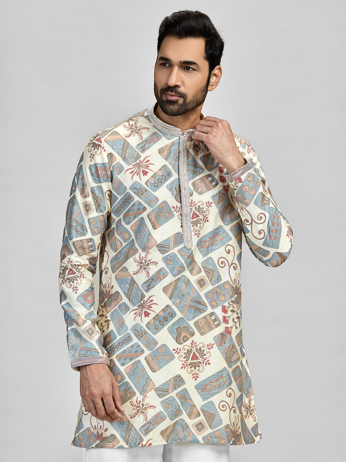 Cream grey abstract printed silk kurta suit for men
