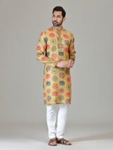 Mustard cotton linen lotus digital print kurta suit