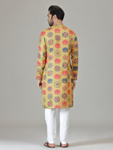 Mustard cotton linen lotus digital print kurta suit