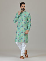 Mint blue cotton linen vibrant printed kurta suit