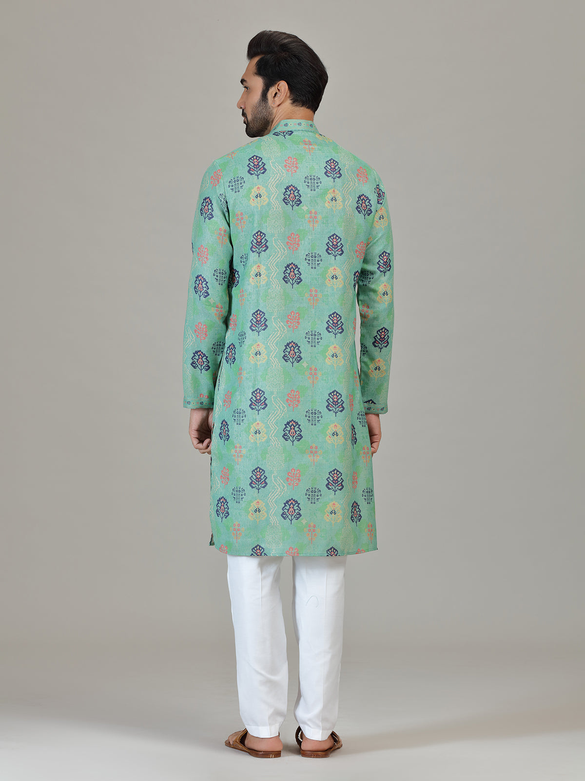 Mint blue cotton linen vibrant printed kurta suit