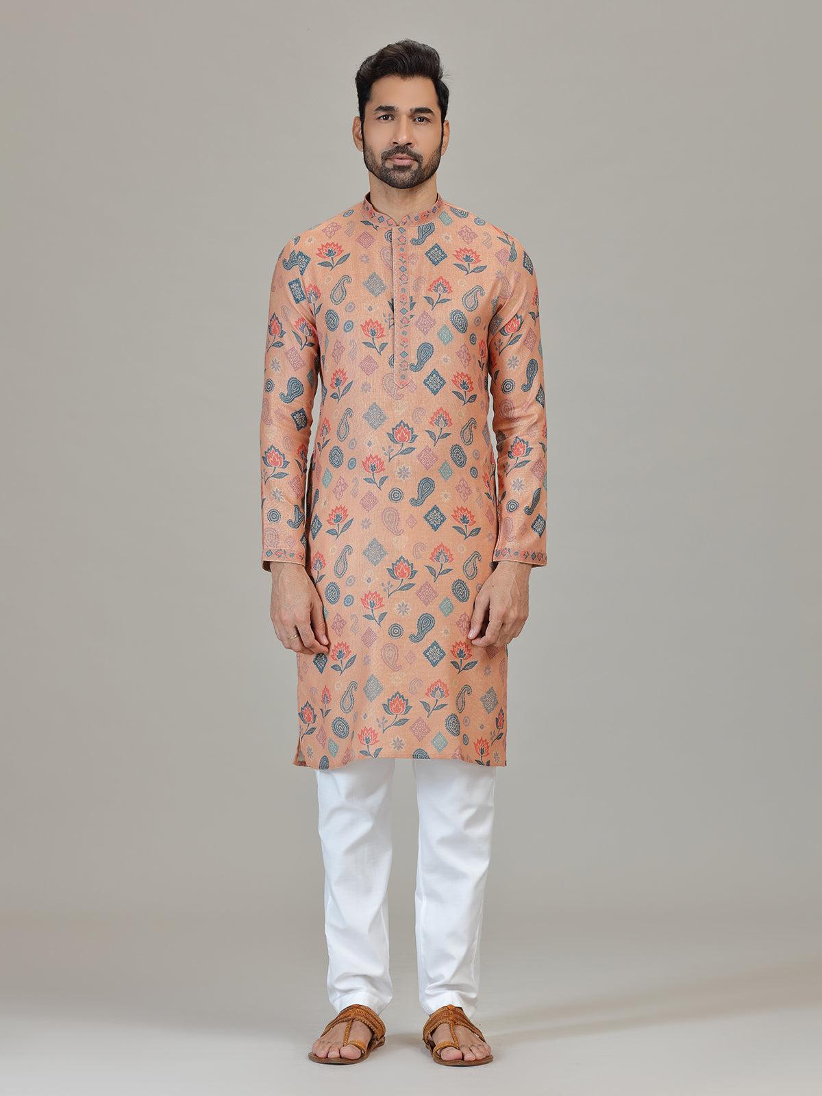 Peach cotton linen paisley floral festive attire