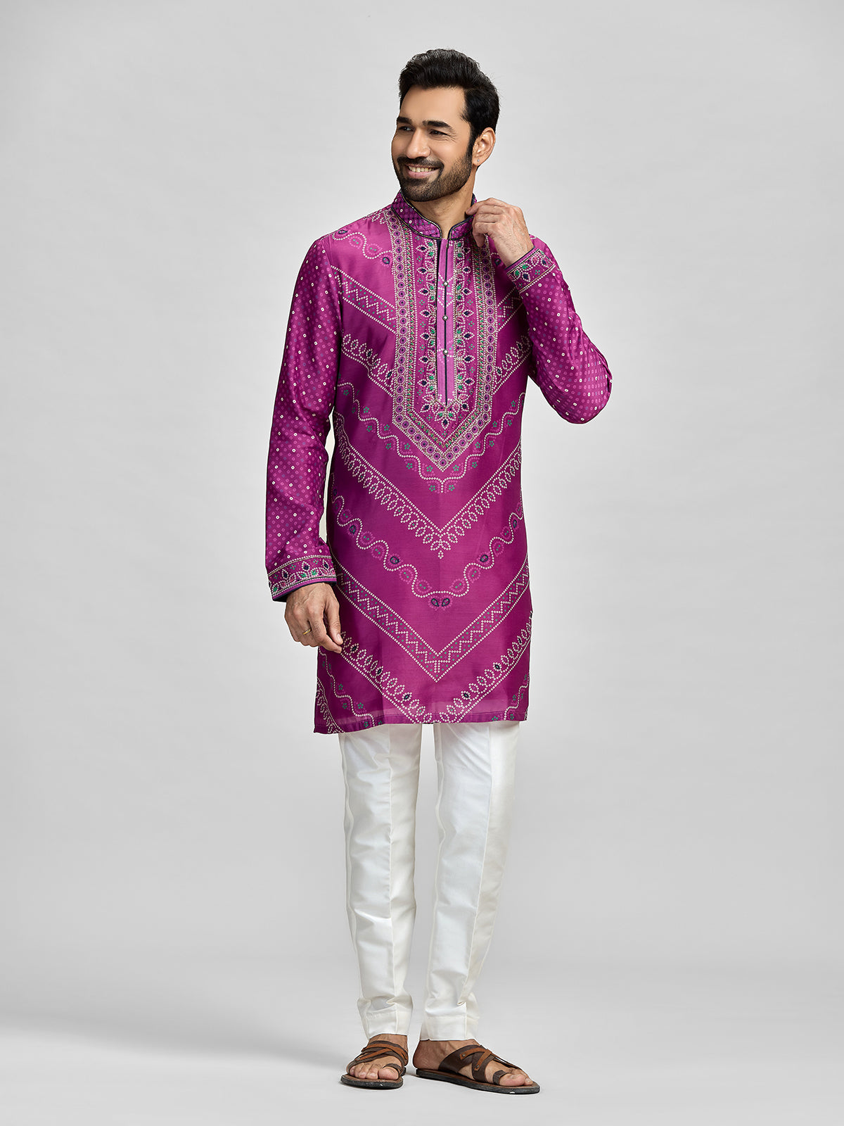 Purple silk embroidered bandhani festive kurta suit