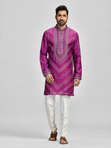 Purple silk embroidered bandhani festive kurta suit