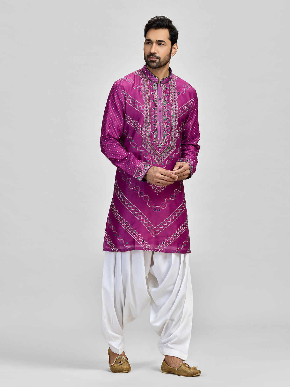Purple silk bandhani aari salwar celebration kurta suit