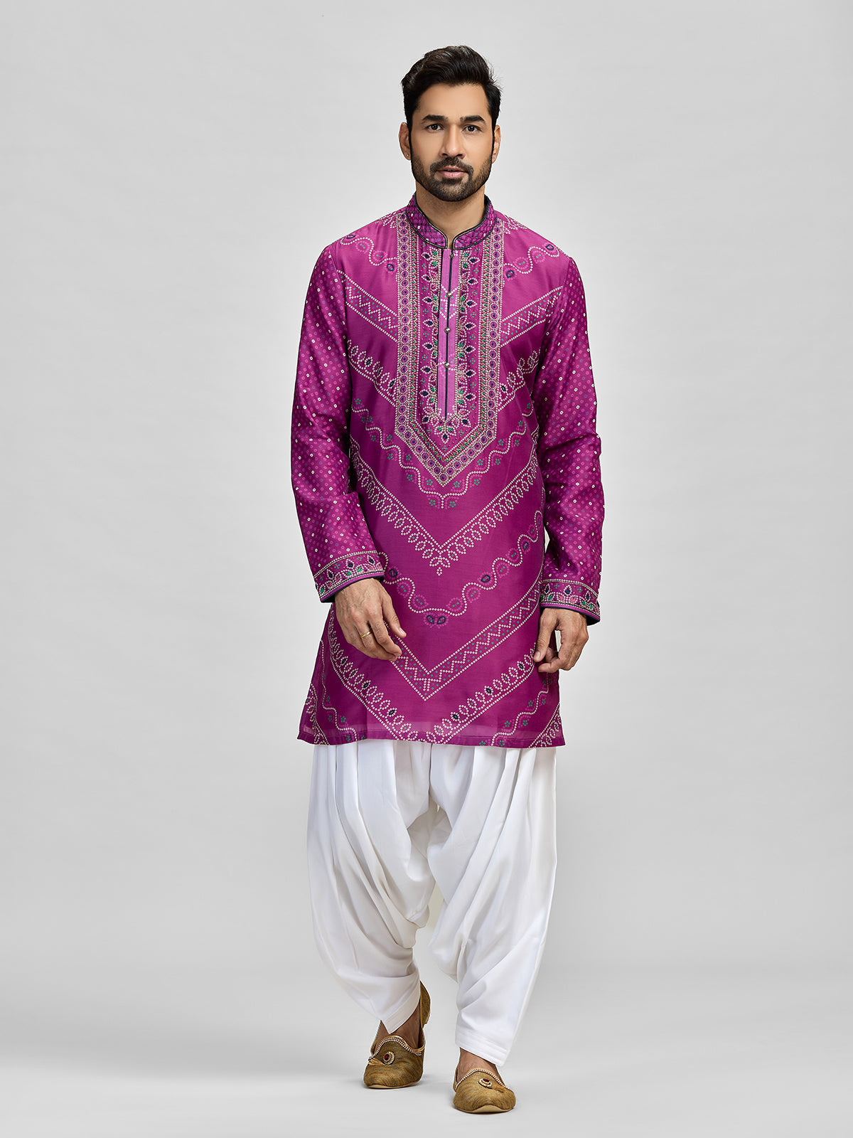 Purple silk bandhani aari salwar celebration kurta suit