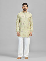 Pista linen cotton embroidered bell bottom kurta suit