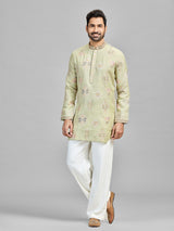 Pista linen cotton embroidered bell bottom kurta suit