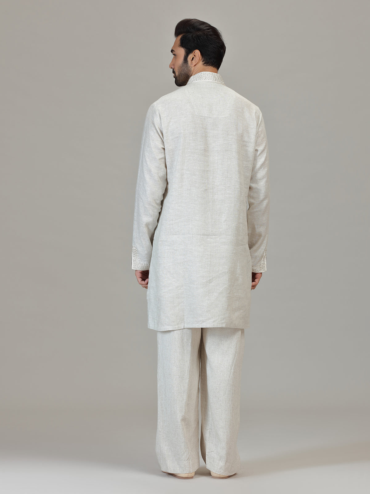 Cream linen resham embellished festive kurta ensemble