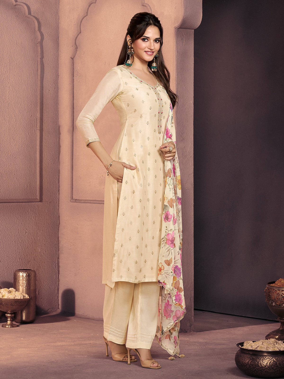 Cream silk floral festive pant ensemble