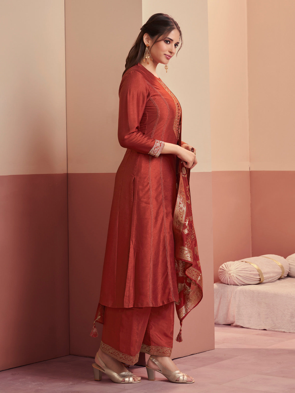 Rust brown heritage shimmer palazzo style salwar suit