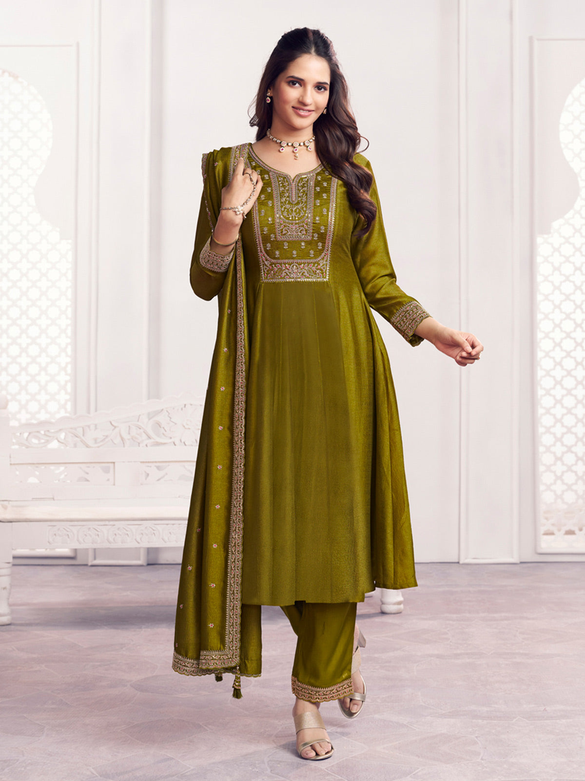 Green festive shimmer chinon anarkali flair