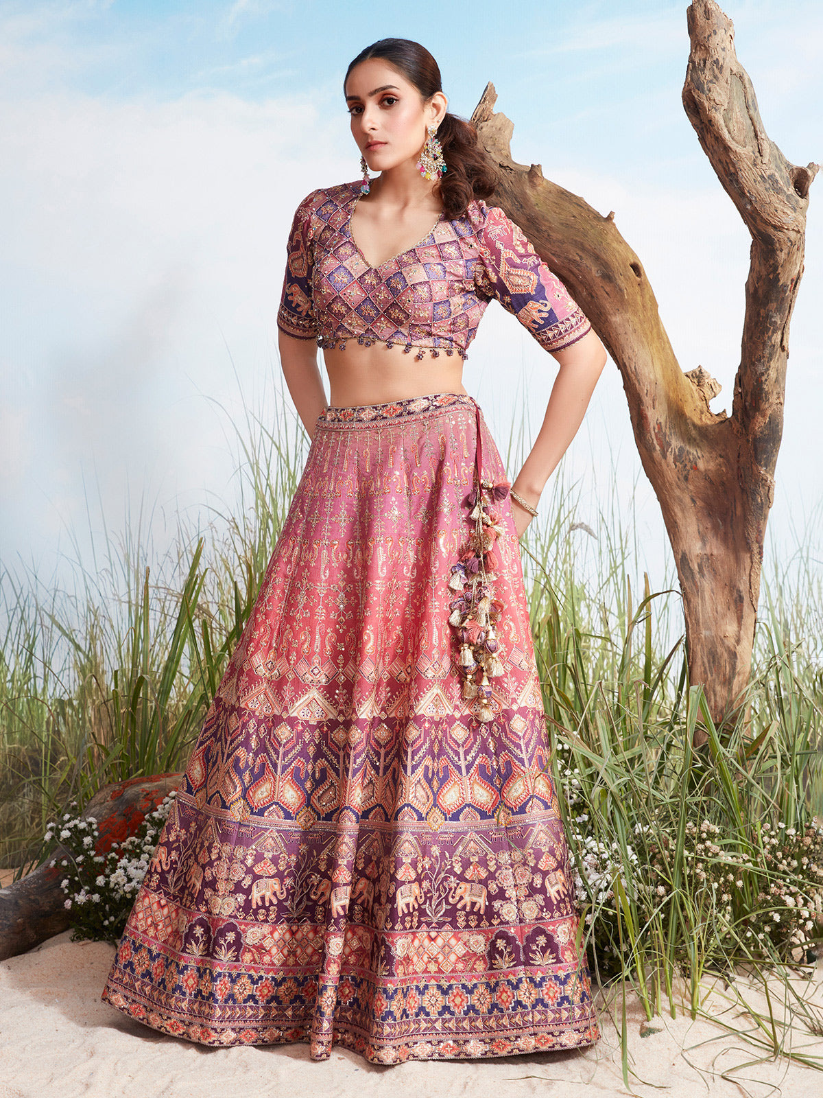 Pink shaded silk lehenga choli with print