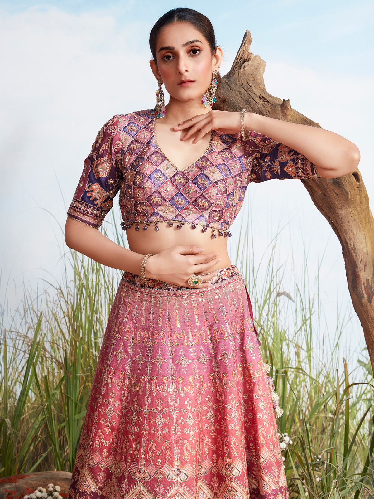 Pink shaded silk lehenga choli with print