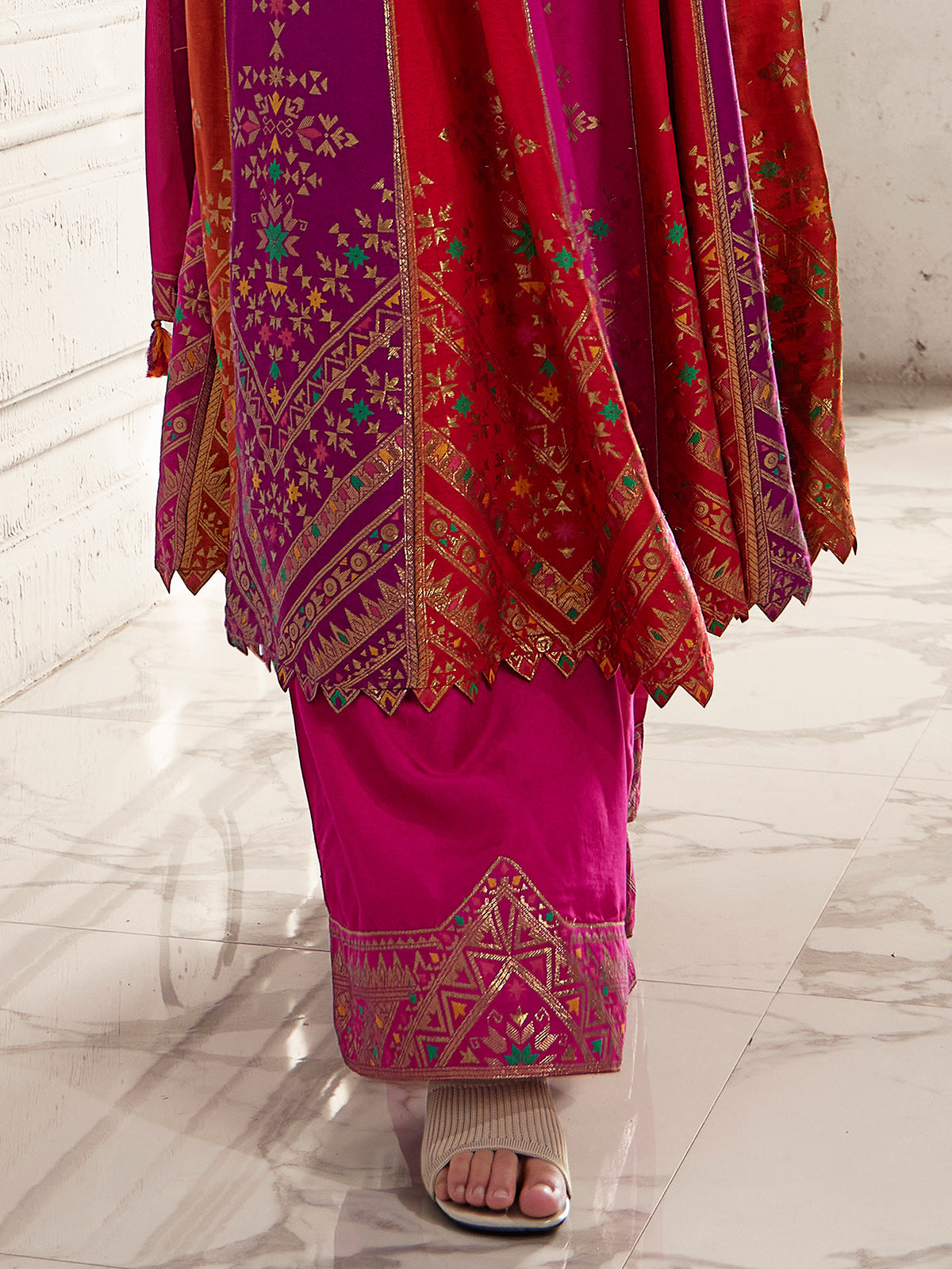 Rani pink silk palazzo suit with mirror and zardosi shine for women