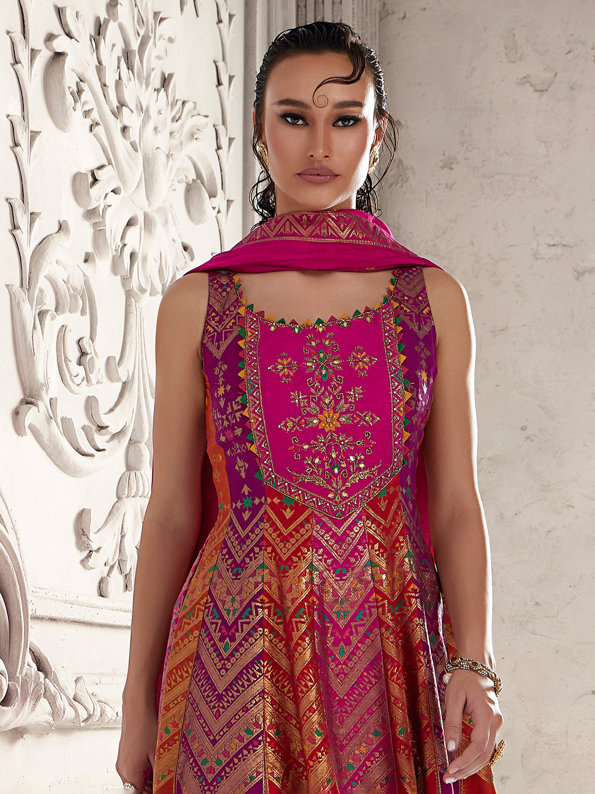 Rani pink silk palazzo suit with mirror and zardosi shine for women