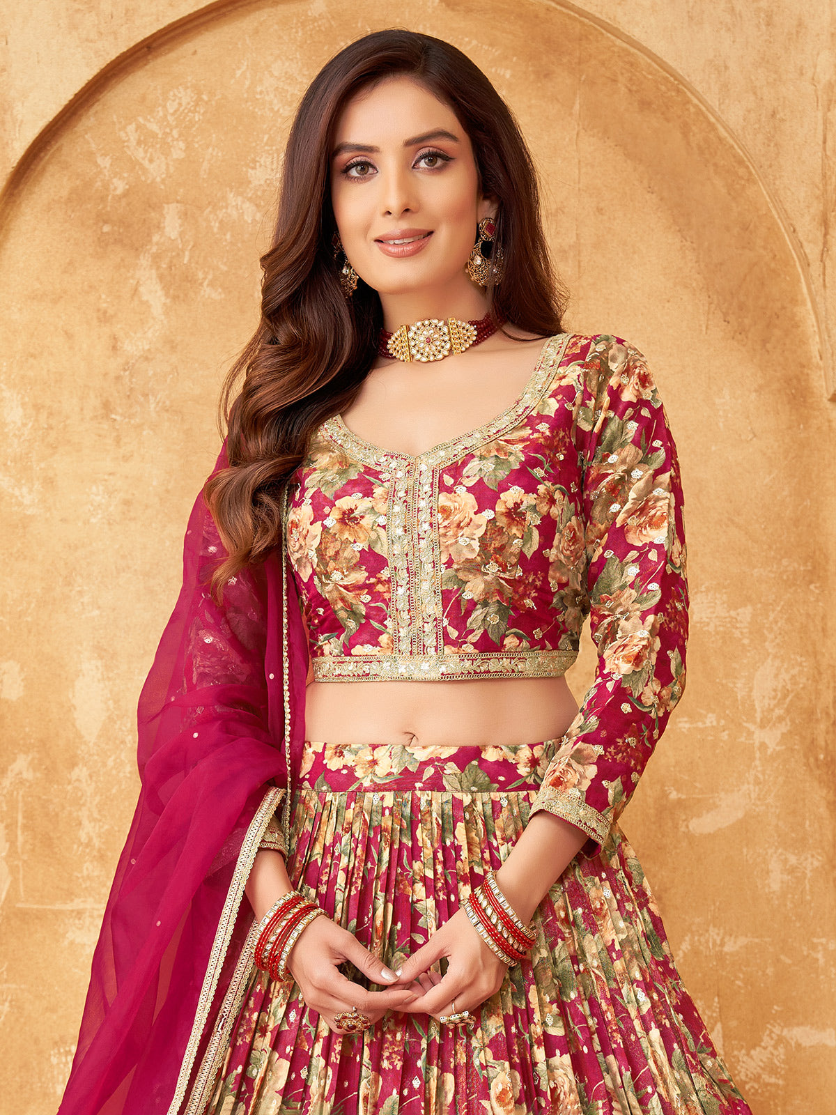 Magenta silk lehenga choli with print for women