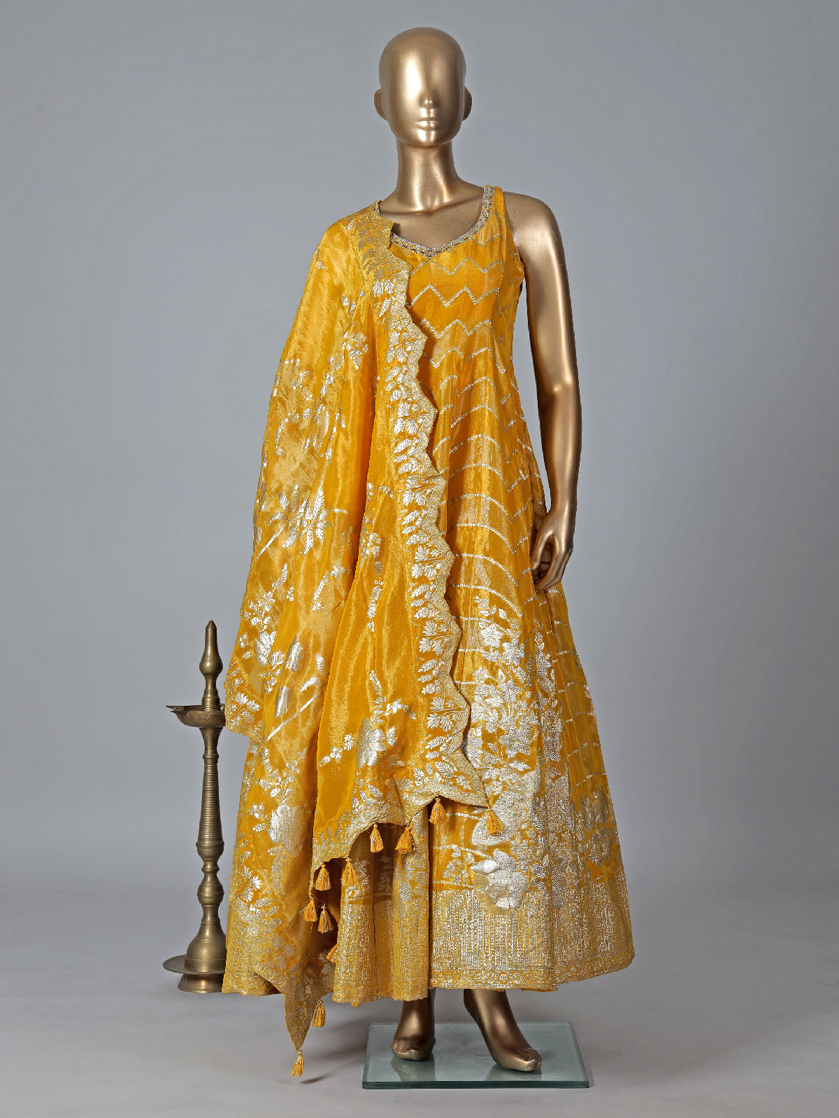 Traditional yellow tissue silk anarkali suit