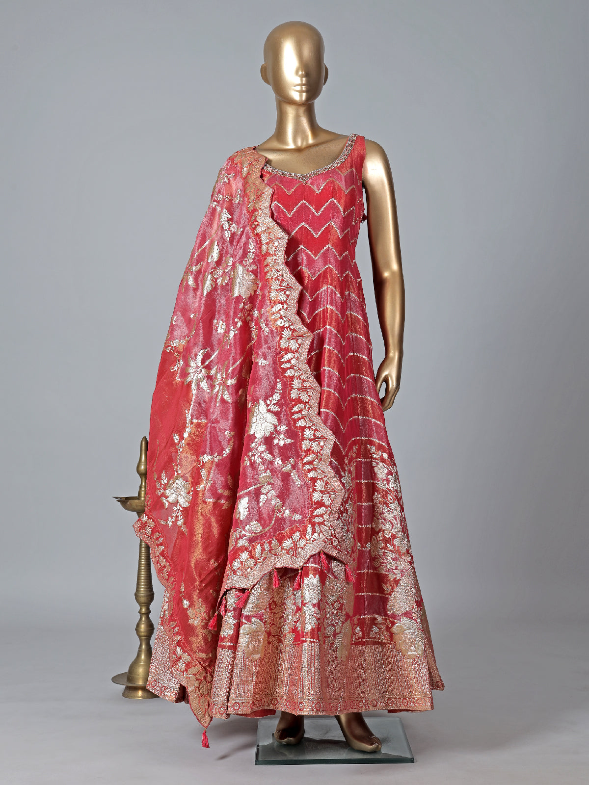 Stunning pink anarkali suit in tissue silk