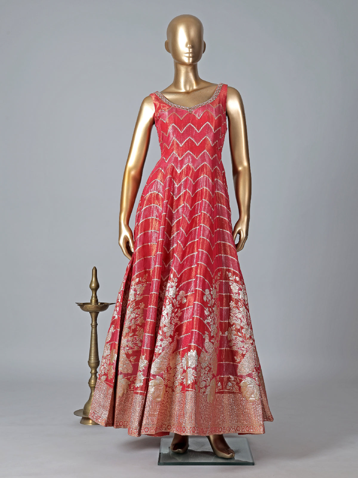 Stunning pink anarkali suit in tissue silk