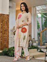 Beige cotton linen patch work kurti set