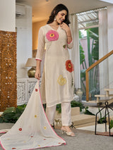 Beige cotton linen patch work kurti set